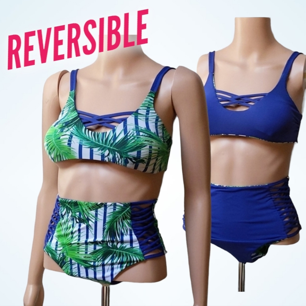 Reversible Tini Bikini tropical floral Blue  and Green XS strappy bikini